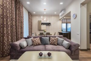 Interior of contemporary living room with soft sofa and decorative cushions